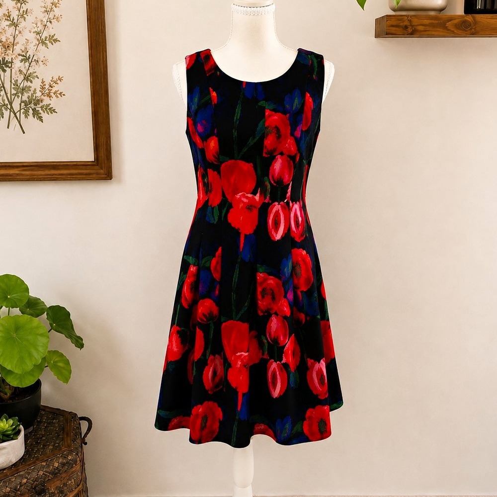 Ivanka Trump Floral Fit & Flare Dress Sz 8 Black Red Sleeveless Textured A-Line